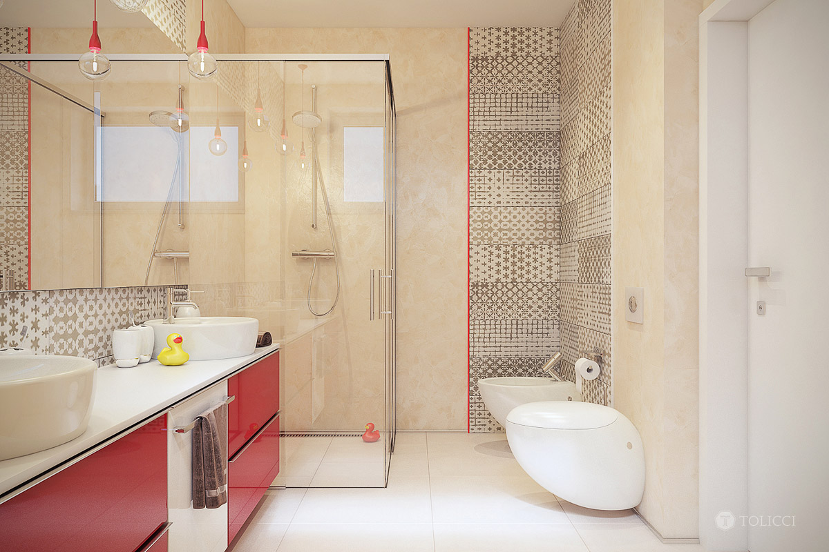 Интерьер ванной комнаты с прозрачной душевой кабиной, фото