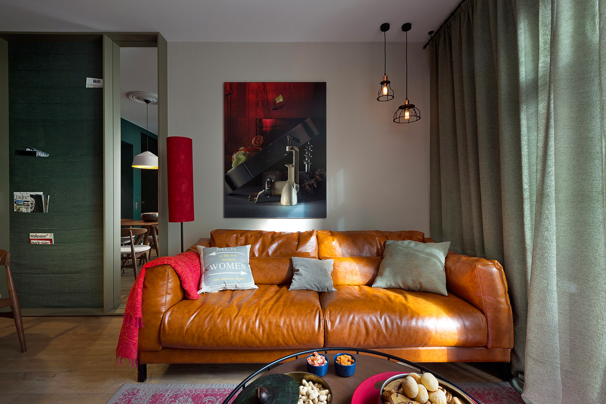 Гостиная с удобным кожаным диваном, дизайн интерьера, Киев, Украина, фото
